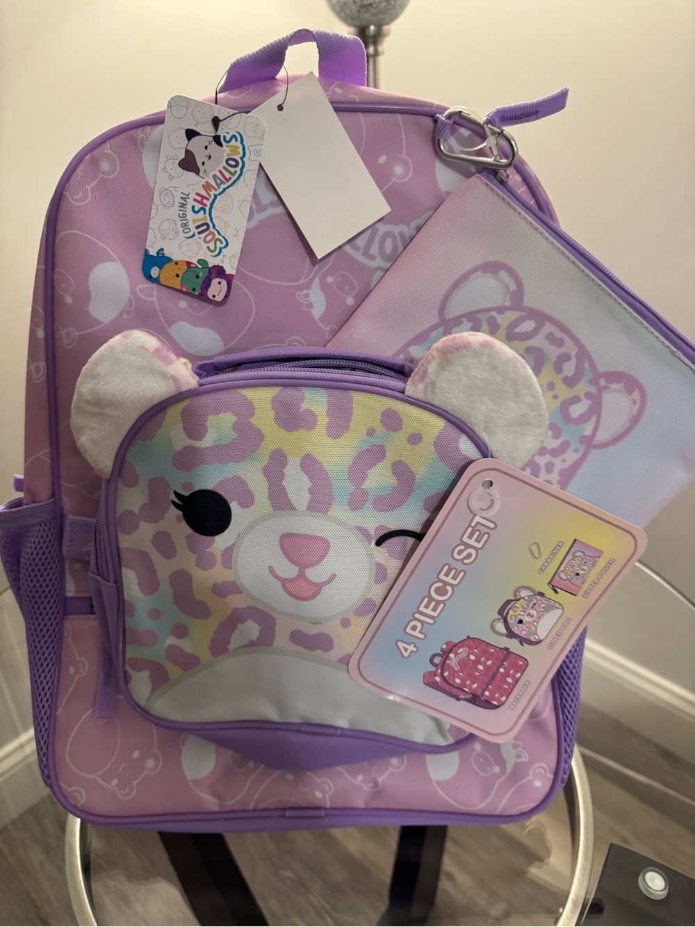 NWT Squishmallows Purple Pink Leopard Kids Backpack with Matching Pouch